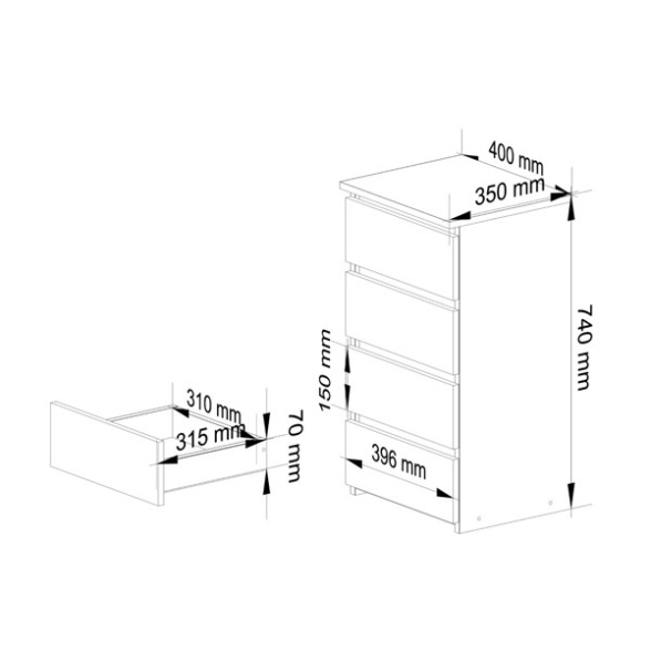 Cassettiera Moderna 40x35x74 Cm 4 Cassetti Bianco Opaco Artika