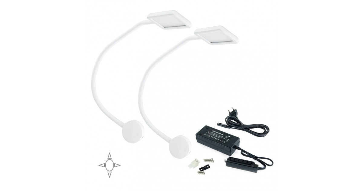 Set 2 applique LED BIANCHE quadrate con braccio flessibile, sensore touch, 2 USB e luce bianca naturale