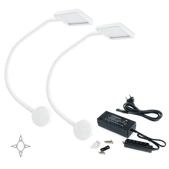 Set 2 applique LED BIANCHE quadrate con braccio flessibile, sensore touch, 2 USB e luce bianca naturale