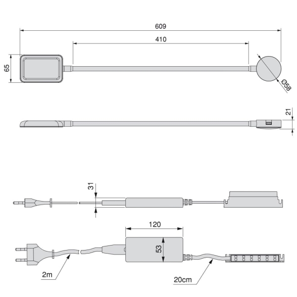 Set 2 applique LED BIANCHE quadrate con braccio flessibile, sensore touch, 2 USB e luce bianca naturale
