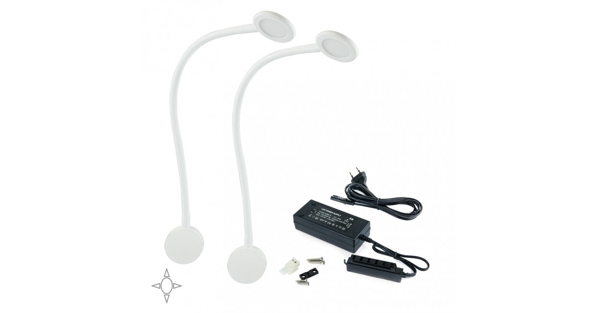 Set 2 applique LED BIANCHE rotonde con braccio flessibile, sensore touch, 2 USB e luce bianca naturale
