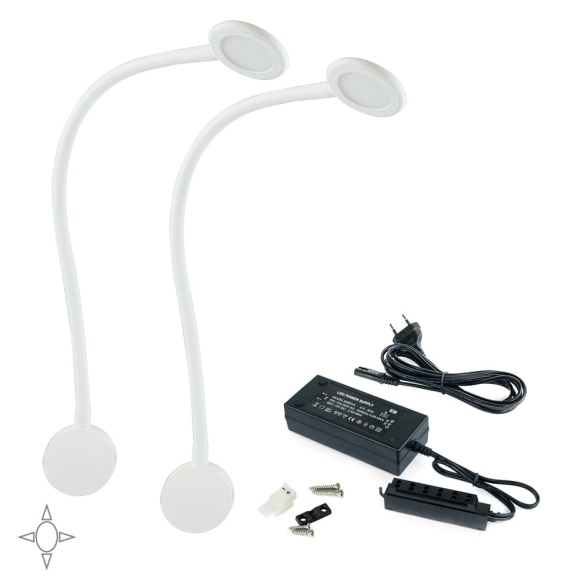 Set 2 applique LED BIANCHE rotonde con braccio flessibile, sensore touch, 2 USB e luce bianca naturale