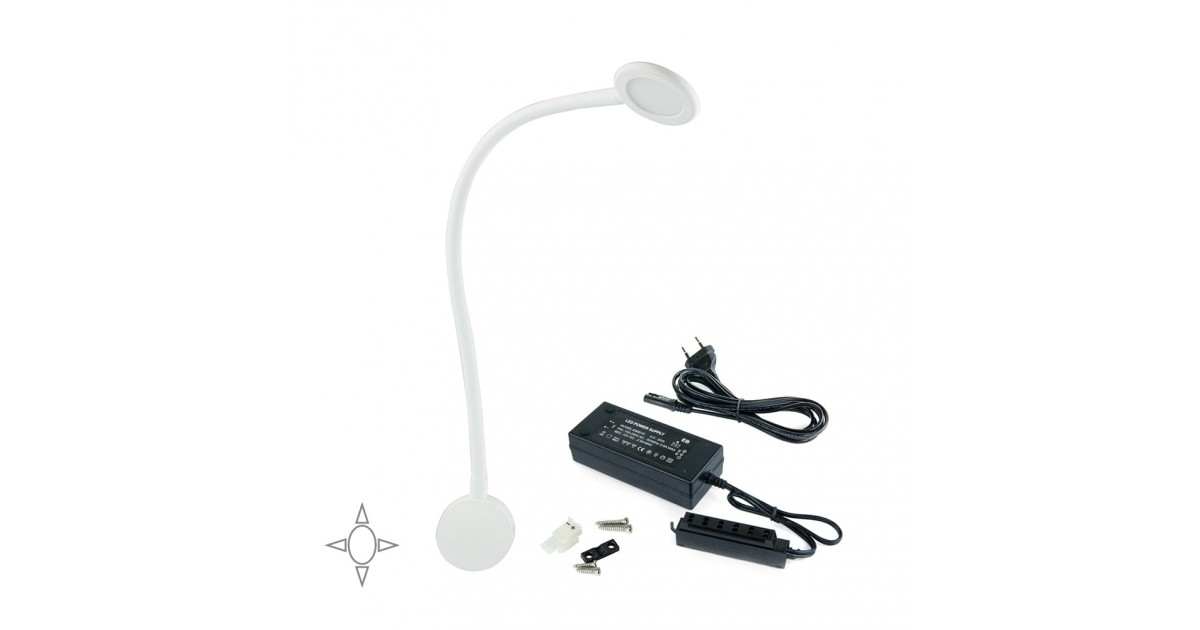 Applique LED rotondo bianco con braccio flessibile, sensore touch, 2 USB e luce bianca naturale