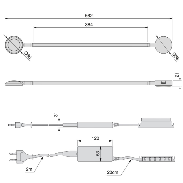 Applique LED rotondo bianco con braccio flessibile, sensore touch e 2 USB