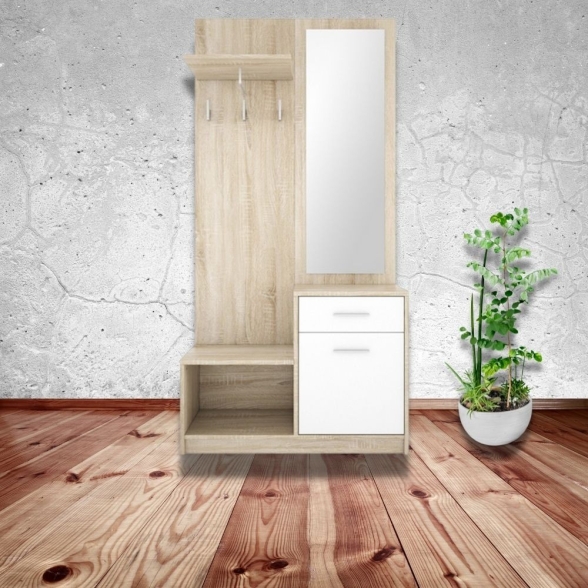 Mobile ingresso Nepo con specchio rovere bianco e rovere effetto legno