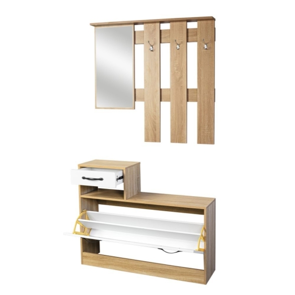 Mobile ingresso con specchio e scarpiera e bianco e rovere Rudolf XL
