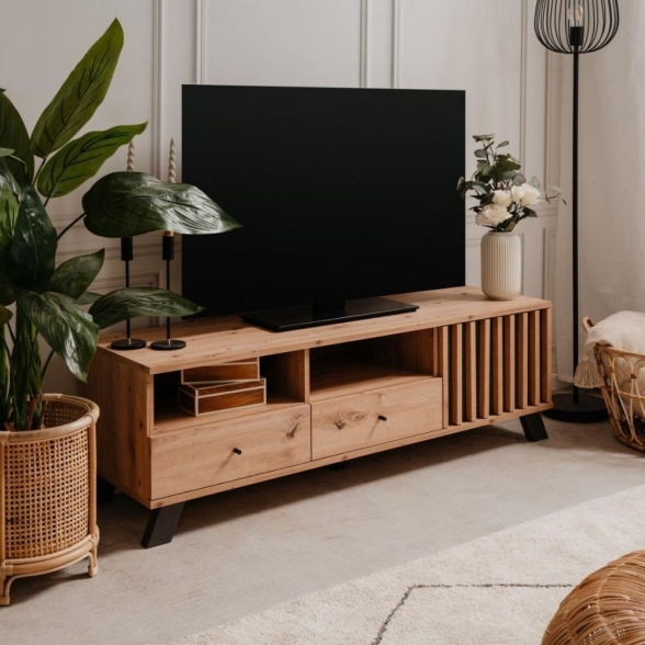 Mobile TV 2 Cassetti Con Anta E Vani A Giorno Rovere Antracite Medan56A 