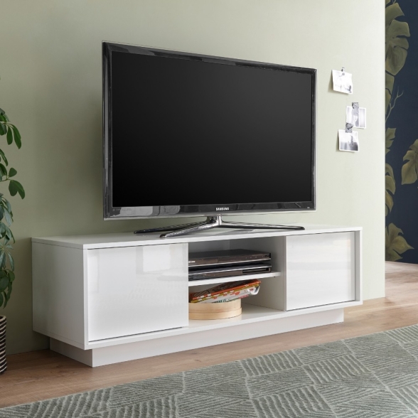 Mobile TV Da Terra 140 Con 2 Ante E Vano Decoder Ice Bianco Lucido