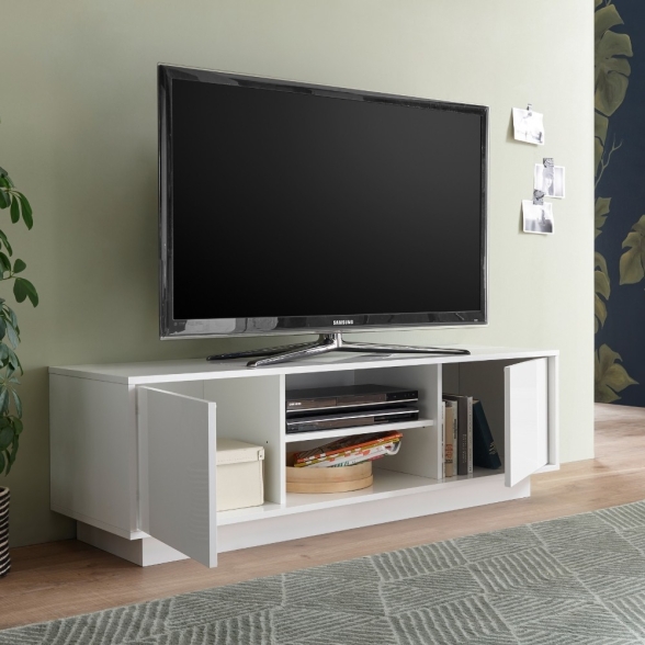 Mobile TV Da Terra 140 Con 2 Ante E Vano Decoder Ice Bianco Lucido