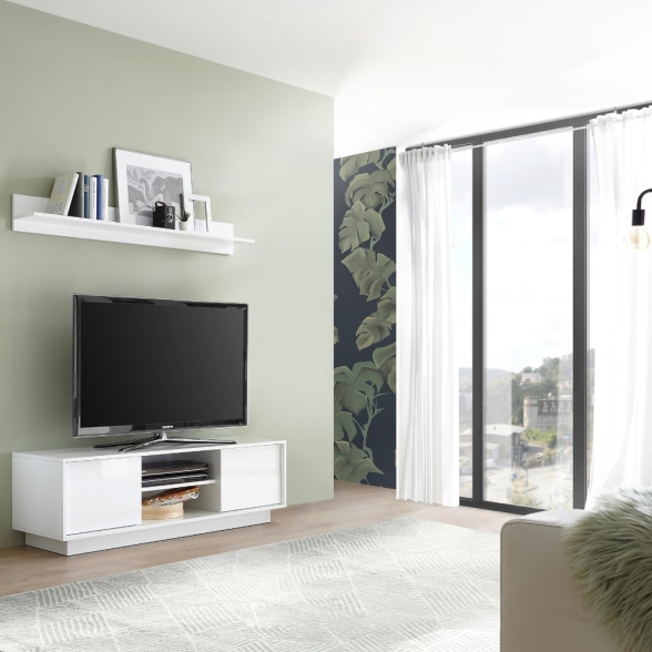 Mobile TV Da Terra 140 Con 2 Ante E Vano Decoder Ice Bianco Lucido