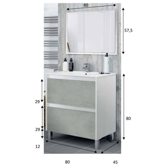 Mobile bagno 80 cm con lavabo e specchio bianco/cemento - Dakota 99420