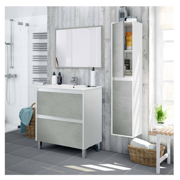 Mobile bagno 80 cm con colonna, lavabo e specchio bianco/cemento - Dakota 99420