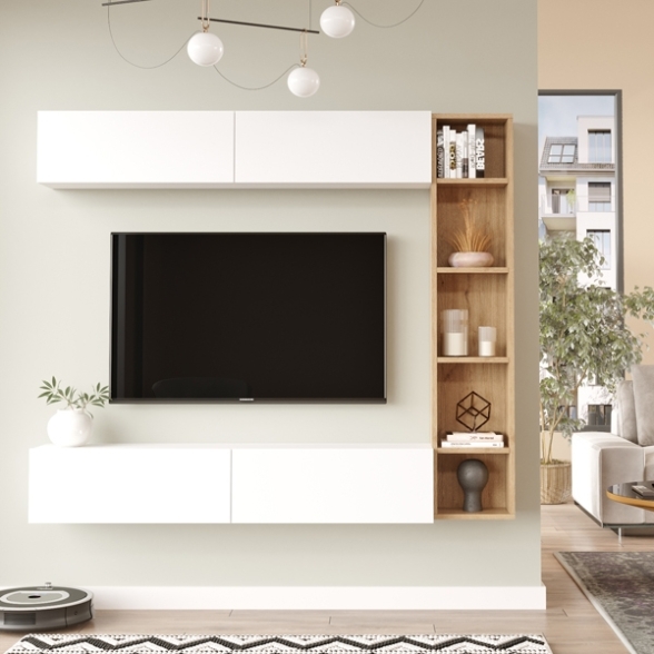 Mobile TV Sospeso Con Libreria E Modulo Superiore Zen Rovere E Bianco