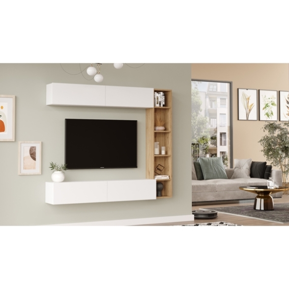 Mobile TV Sospeso Con Libreria E Modulo Superiore Zen Rovere E Bianco