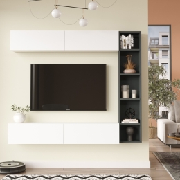 Mobile TV Sospeso Con Libreria E Modulo Superiore Zen Bianco e Antracite