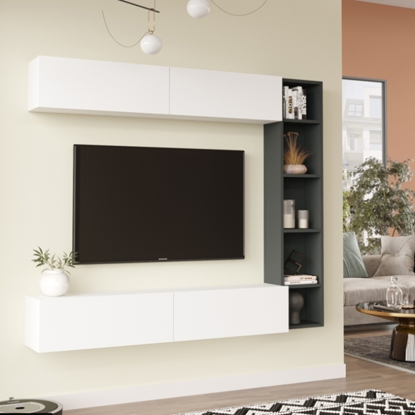 Mobile TV Sospeso Con Libreria E Modulo Superiore Zen Bianco e Antracite