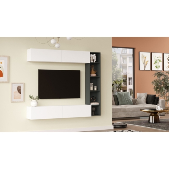 Mobile TV Sospeso Con Libreria E Modulo Superiore Zen Bianco e Antracite