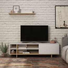 Mobile Porta TV 160 Cm Con Vani E Mensola Stockton Bianco E Rovere