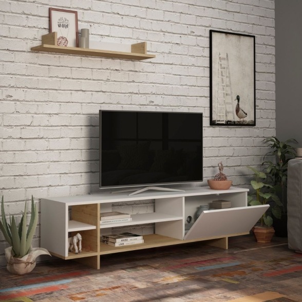 Mobile Porta TV 160 Cm Con Vani E Mensola Stockton Bianco E Rovere