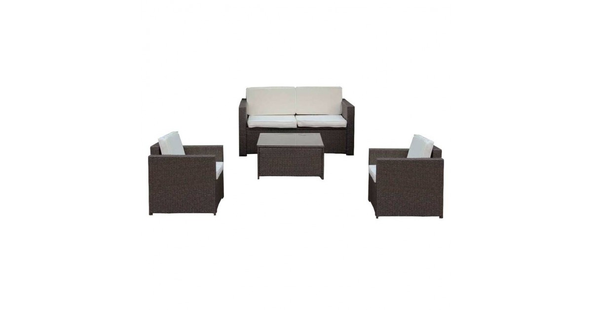 Salotto da esterno in polirattan con divano, poltrone, tavolino e cuscini Maiorca