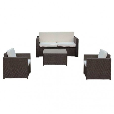 Salotto da esterno in polirattan con divano, poltrone, tavolino e cuscini Maiorca