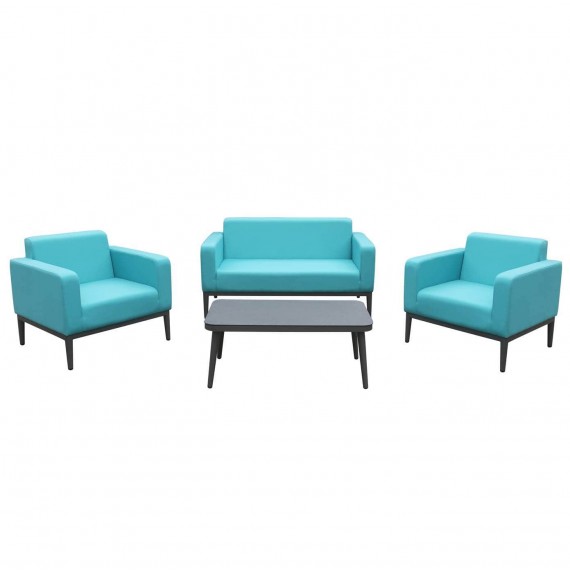 Salotto da esterno in tessuto con divano, poltrone, tavolino e cuscini Vienna Azzurro