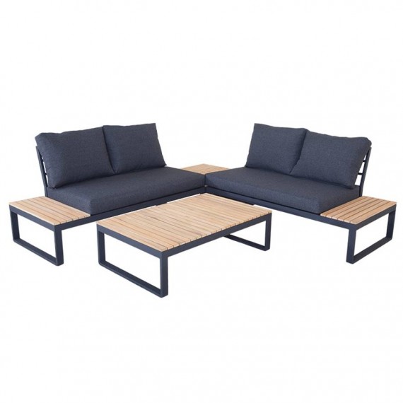 Salotto ad angolo in legno e alluminio con divano, cuscini e tavolino Andorra