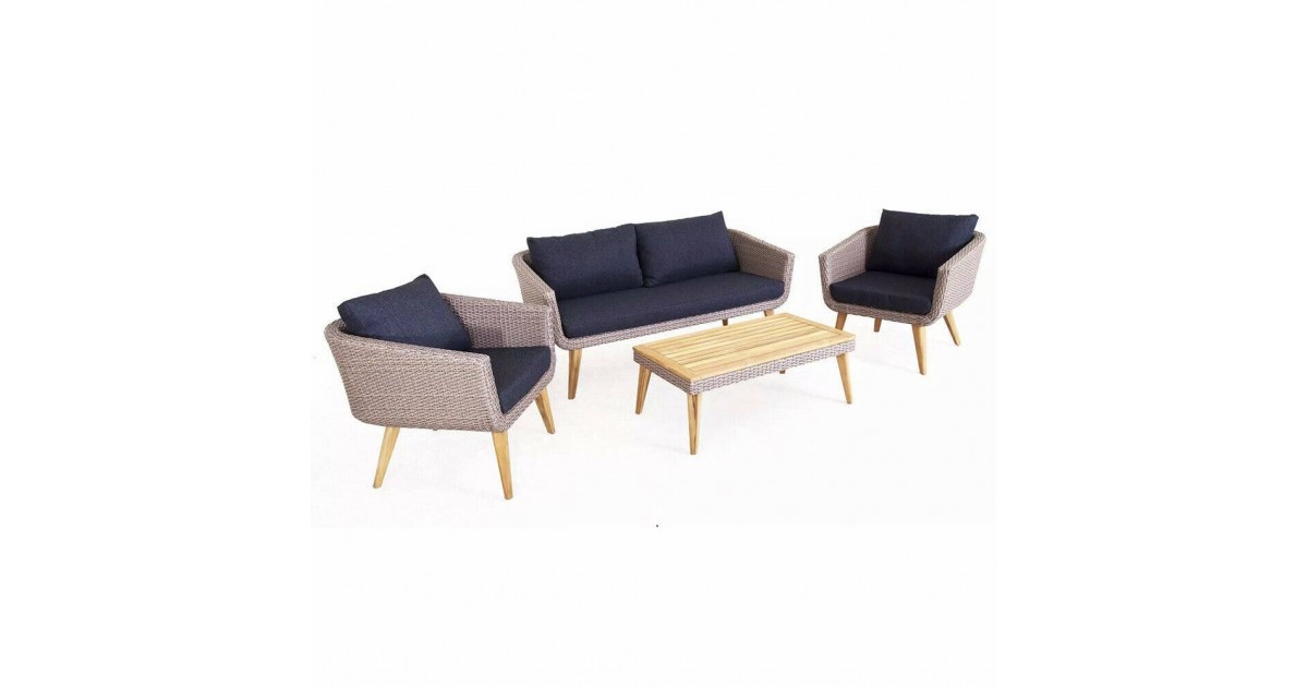 Salotto in polirattan, alluminio e legno con divano, poltrone, cuscini e tavolo Chelsea