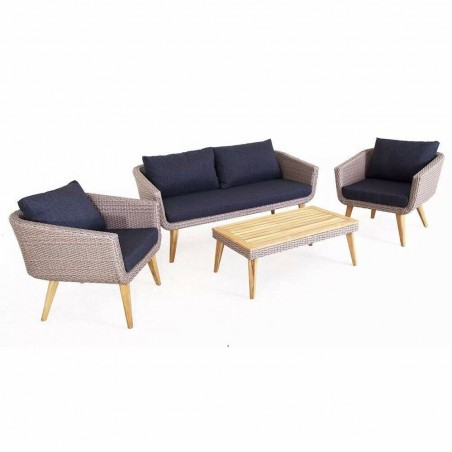 Salotto in polirattan, alluminio e legno con divano, poltrone, cuscini e tavolo Chelsea