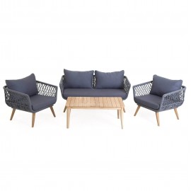 Salotto in corda, alluminio e legno con divano, poltrone, cuscini e tavolo Daigo