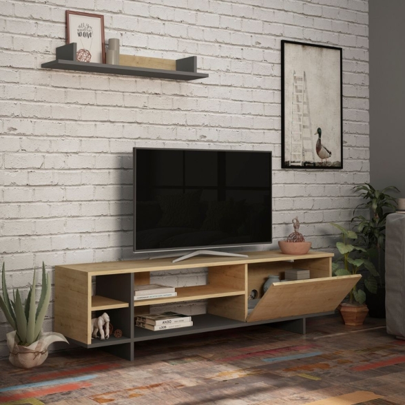 Mobile Porta TV 160 Cm Con Vani E Mensola Stockton Rovere E Antracite