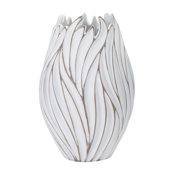 Vaso ovale in resina decorazioni ondulate in rilievo Ø 27X41,5 bianco