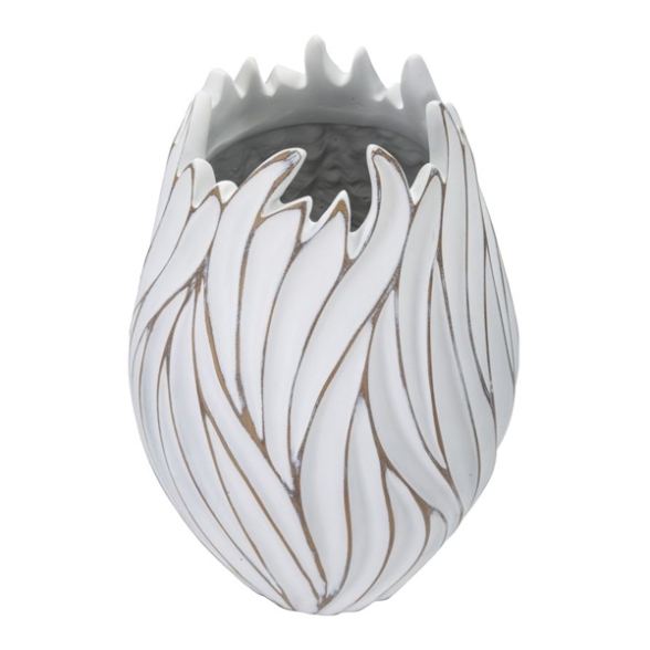 Vaso ovale in resina decorazioni ondulate in rilievo Ø 27X41,5 bianco
