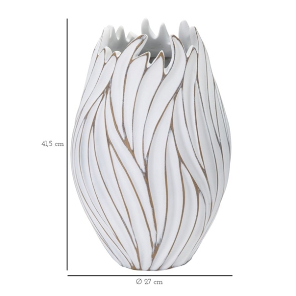 Vaso ovale in resina decorazioni ondulate in rilievo Ø 27X41,5 bianco