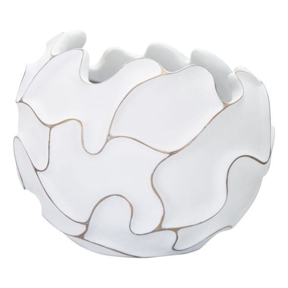 Vaso rotondo in resina decorazioni ondulate a foglie Ø 44X37 cm bianco