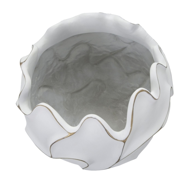 Vaso rotondo in resina decorazioni ondulate a foglie Ø 44X37 cm bianco