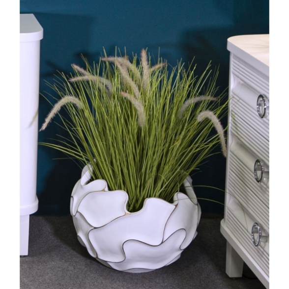 Vaso rotondo in resina decorazioni ondulate a foglie Ø 44X37 cm bianco