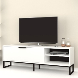 Mobile TV Da Terra 140 Cm Con Piedini Neri E Anta Frontale Way Bianco