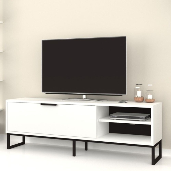 Mobile TV Da Terra 140 Cm Con Piedini Neri E Anta Frontale Way Bianco