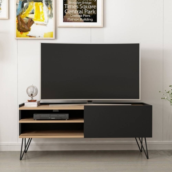 Mobile TV Da Terra 124 Cm Con Piedini In Metallo Nero E Noce Aral