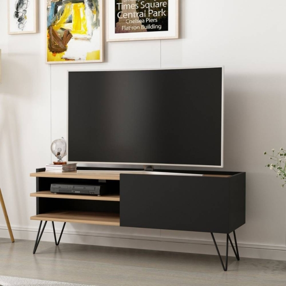 Mobile TV Da Terra 124 Cm Con Piedini In Metallo Nero E Noce Aral