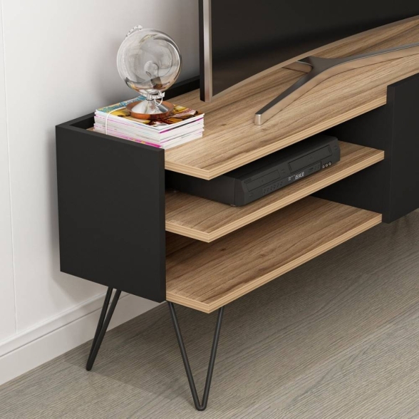 Mobile TV Da Terra 124 Cm Con Piedini In Metallo Nero E Noce Aral