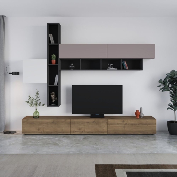 Parete Attrezzata 275 Cm Con Pensili Bianco Moka E Antracite Fashion