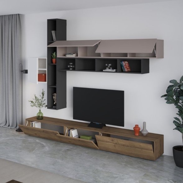 Parete Attrezzata 275 Cm Con Pensili Bianco Moka E Antracite Fashion