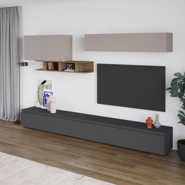 Parete Attrezzata 300 Cm Con Pensili E Vani Noce Moka Antracite Monica