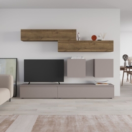 Parete Attrezzata 250 Cm Base Moka E Pensili Noce Effetto Legno Licia