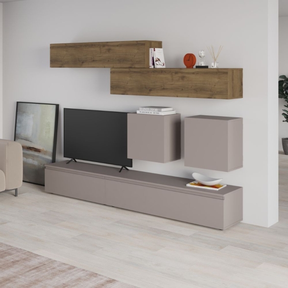 Parete Attrezzata 250 Cm Base Moka E Pensili Noce Effetto Legno Licia