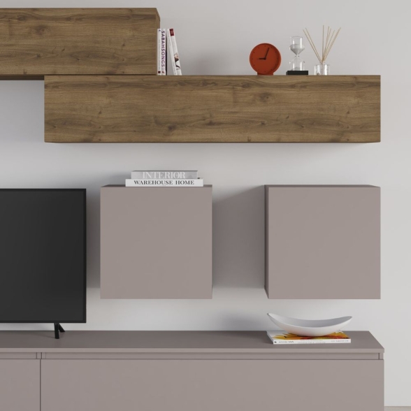 Parete Attrezzata 250 Cm Base Moka E Pensili Noce Effetto Legno Licia