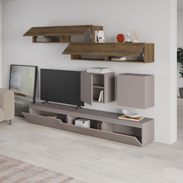 Parete Attrezzata 250 Cm Base Moka E Pensili Noce Effetto Legno Licia
