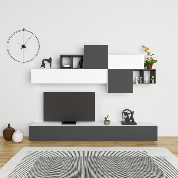 Parete Attrezzata Base TV 260 Cm E Pensili Antracite E Bianco Tromen